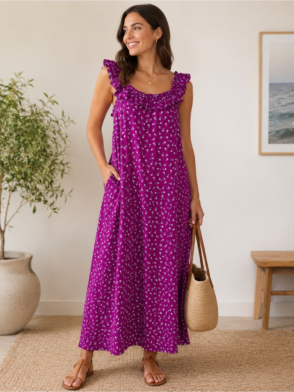 LOFT Purple Floral Ruffle-Trim Maxi Dress